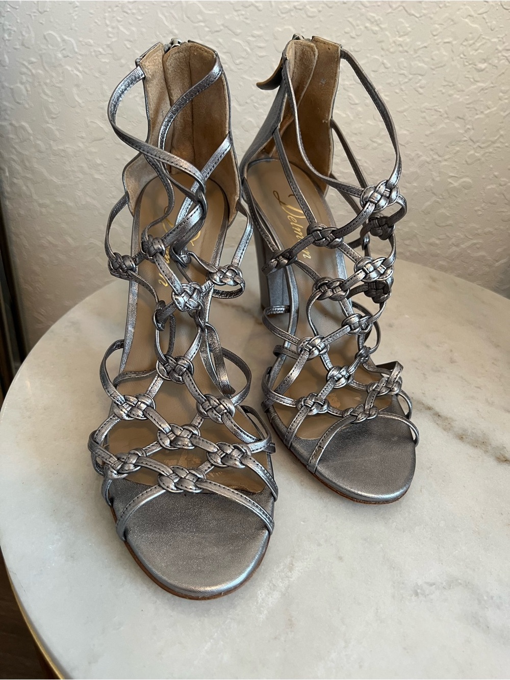 Delman Metallic Silver Braided Strappy High Heel Sandals